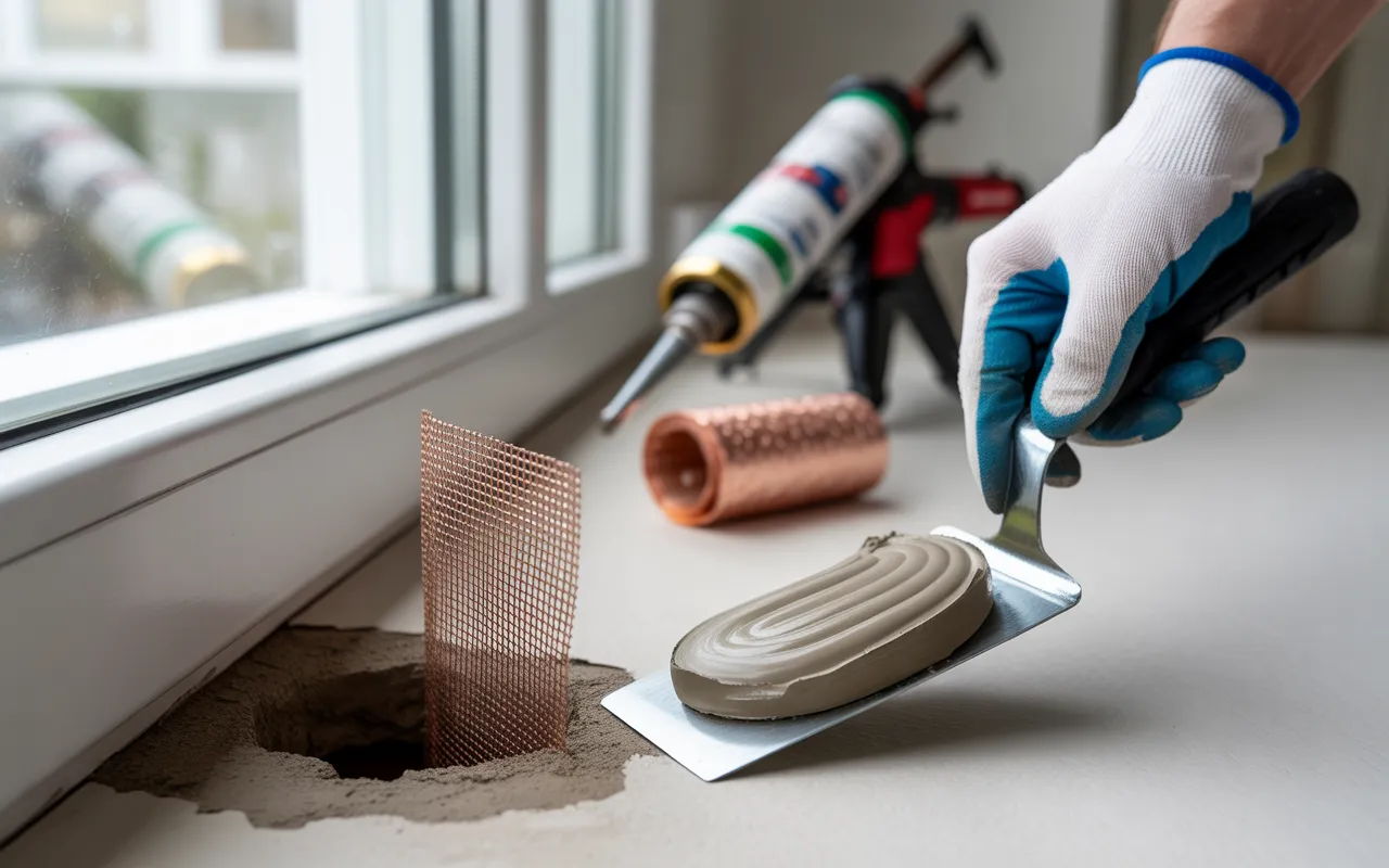 Gros plan d’une main gantée insérant une maille de cuivre et lissant un mortier écologique au pied d’une plinthe moderne pour reboucher passage souris; outils flous en arrière-plan.