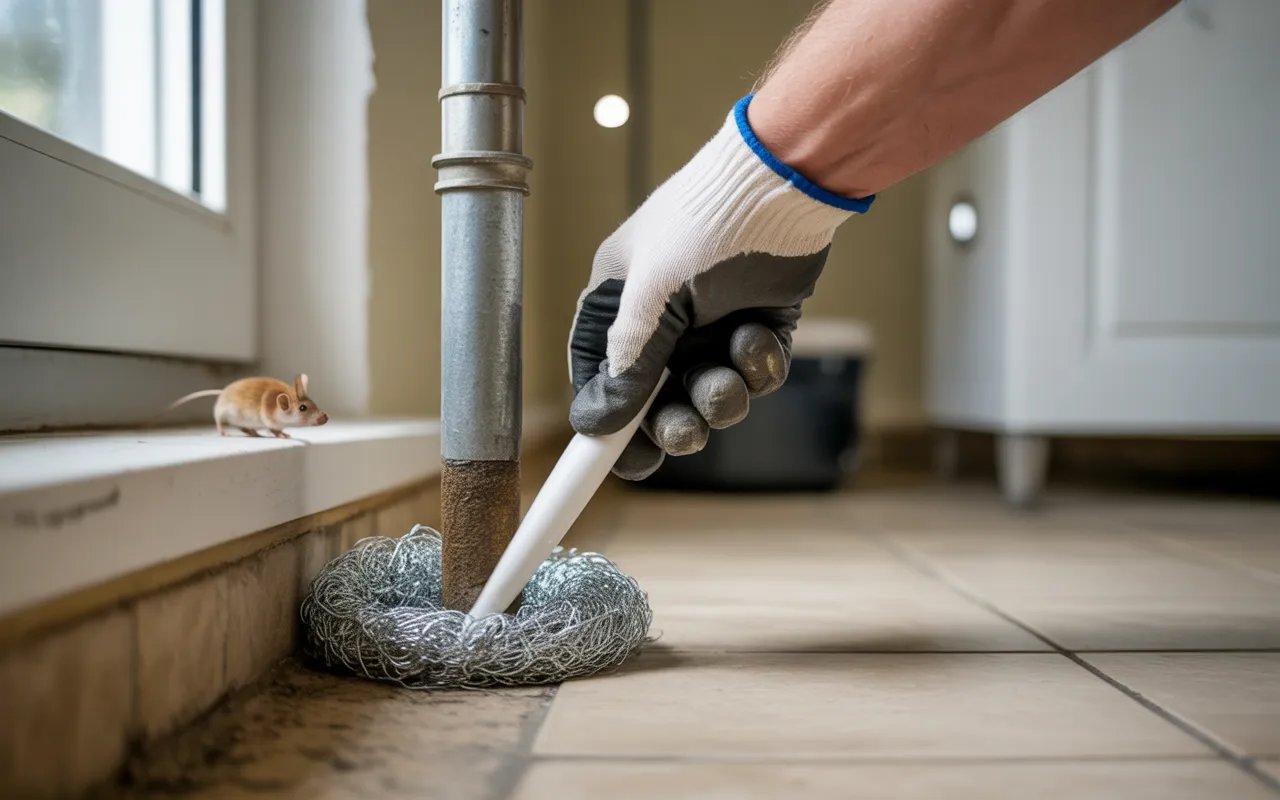 Gros plan photo-réaliste pour reboucher trou canalisation souris: main gantée insère de la laine d’acier et lisse un mastic blanc autour d’un tuyau mural; petite souris floue en arrière-plan.