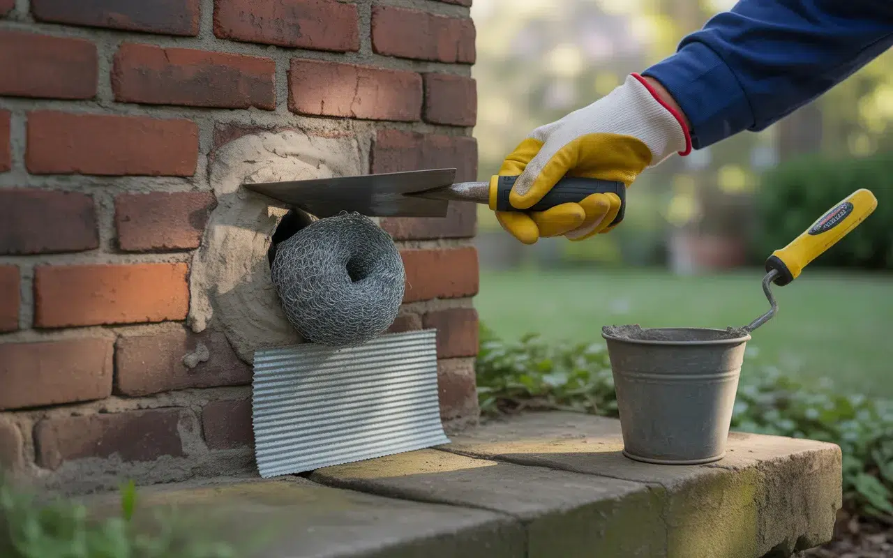 Photo réaliste montrant comment reboucher trou extérieur rat au pied d’un mur extérieur de maison: main gantée insère laine d’acier et grillage galvanisé, truelle applique mortier.