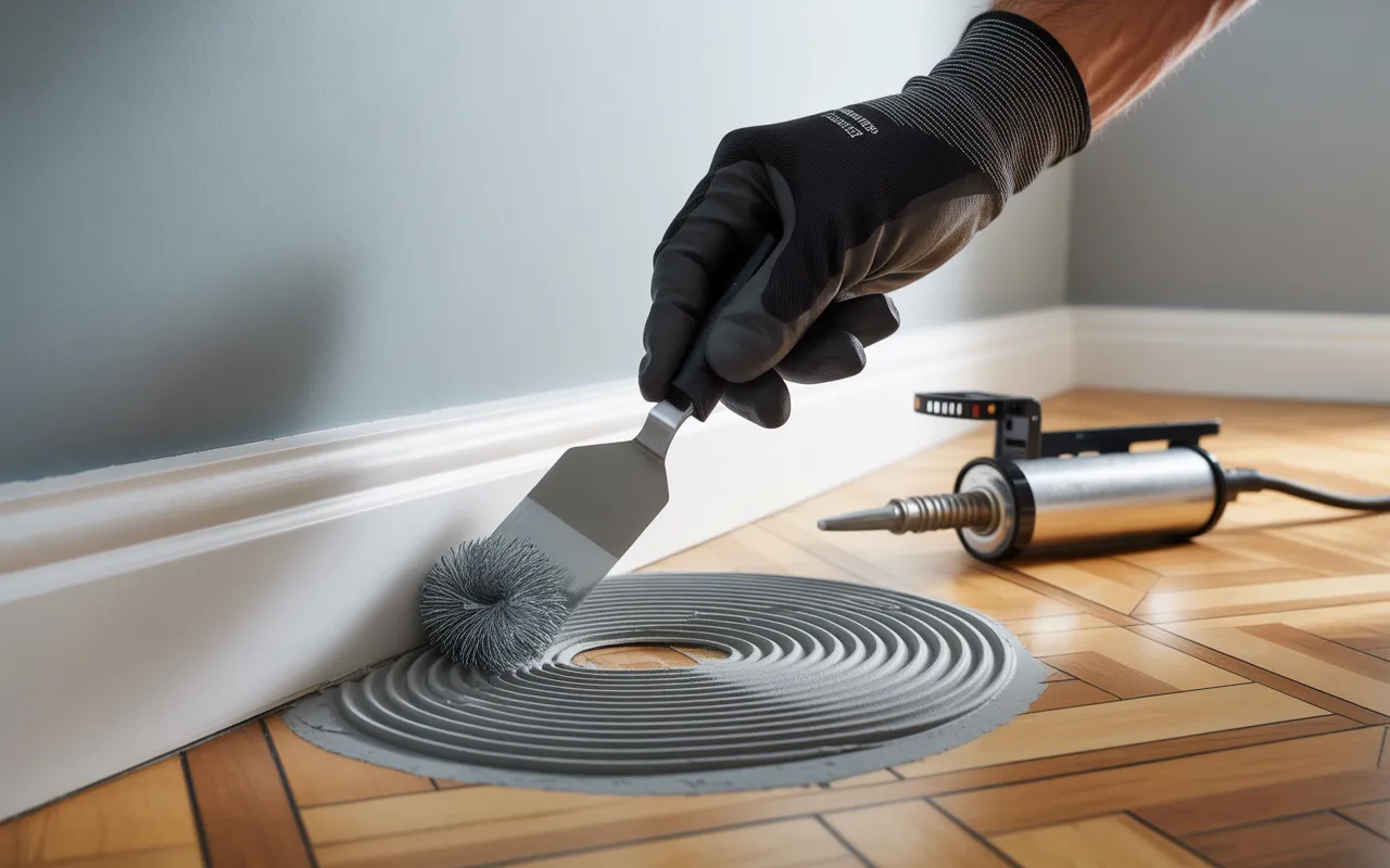 Gros plan anti-rongeurs: main gantée insérant laine d’acier inox dans un plancher en bois, maille inox; mastic lissé pour reboucher trou plancher rongeur près d’une plinthe.