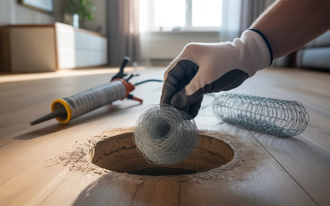 Gros plan d’une main gantée en train de reboucher trou rat au pied d’un mur intérieur avec de la laine d’acier; grillage galvanisé découpé et pistolet à mastic flous au sol.