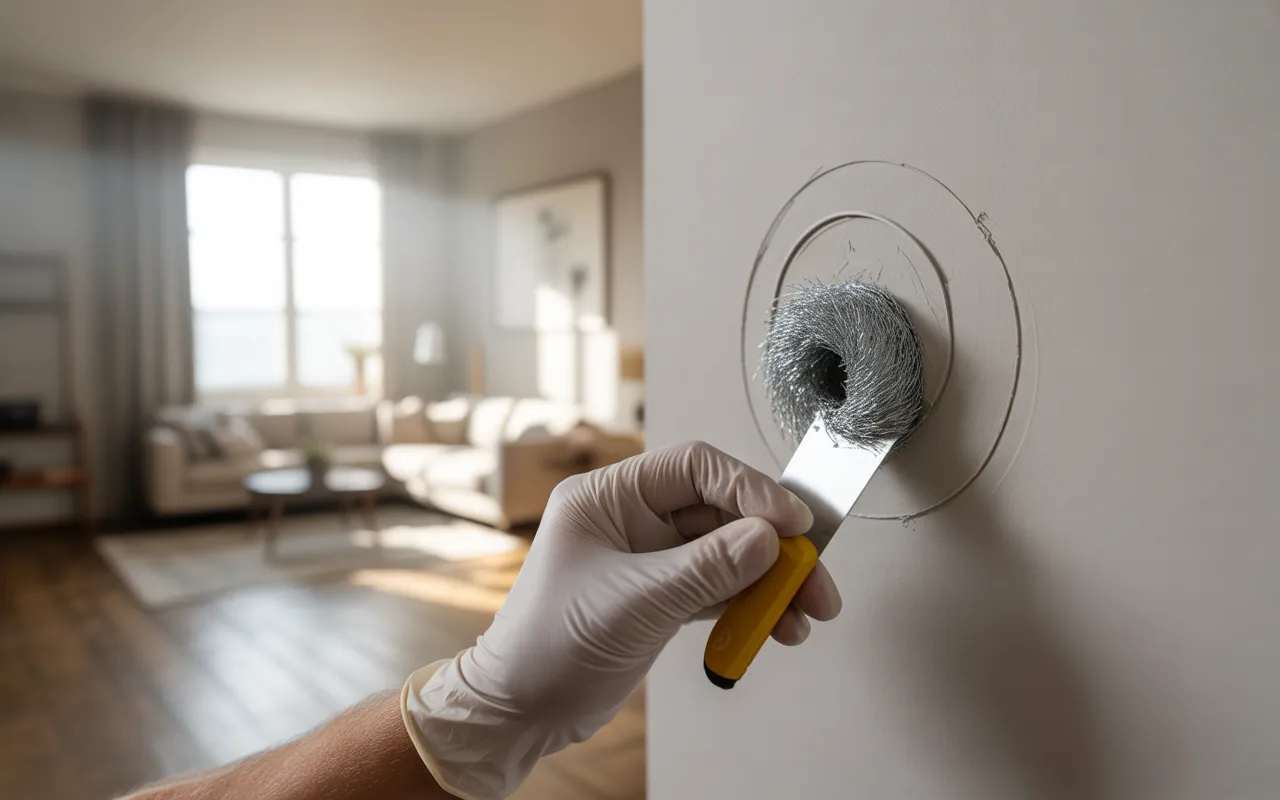 Gros plan d’une plinthe contre un mur intérieur: main en gant nitrile bleu insérant de la laine d’acier, mastic et spatule lissant l’enduit pour reboucher trou souris; outils flous en arrière-plan.