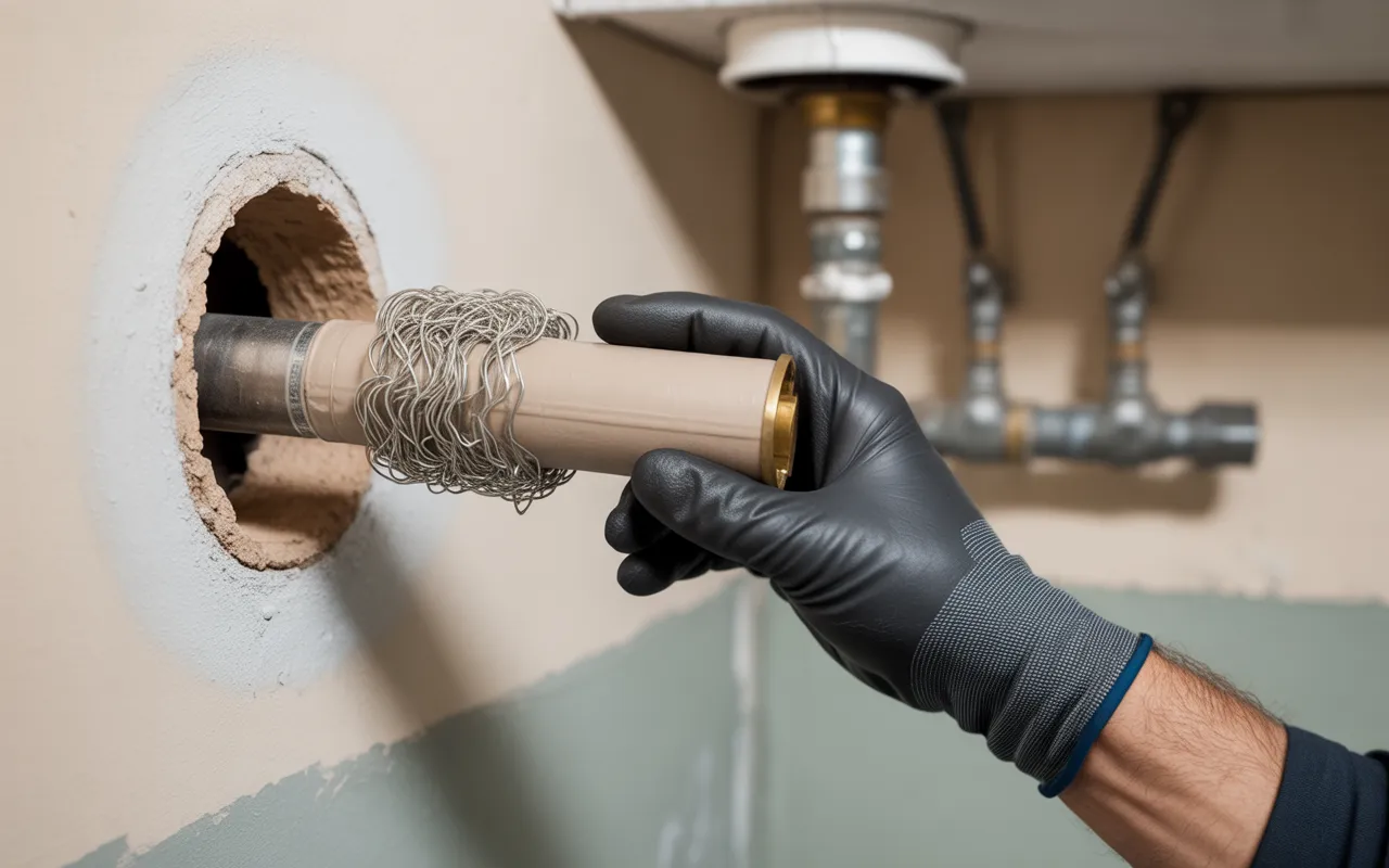 reboucher trou tuyauterie souris : gros plan d’une main en gant nitrile noir bourrant de la laine d’acier inox autour d’un tuyau métallique et appliquant un mastic pour sceller le trou dans un mur