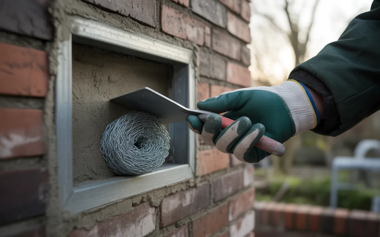 Gros plan photo-réaliste: reboucher trou ventilation rat sur une bouche d’aération extérieure; laine d’acier, grillage galvanisé et mortier lissés à la truelle par une main gantée, mur en briques.