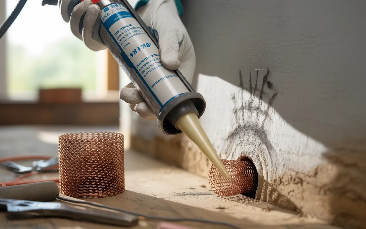 sceller ouverture rongeurs : gros plan d’une main gantée qui bourre de la maille en cuivre autour d’un tuyau traversant un mur de sous‑sol et applique un cordon de mastic polyuréthane au pistolet pour colmater un petit jour; légères marques de grignotage, arrière‑plan flou avec bobine et outils.