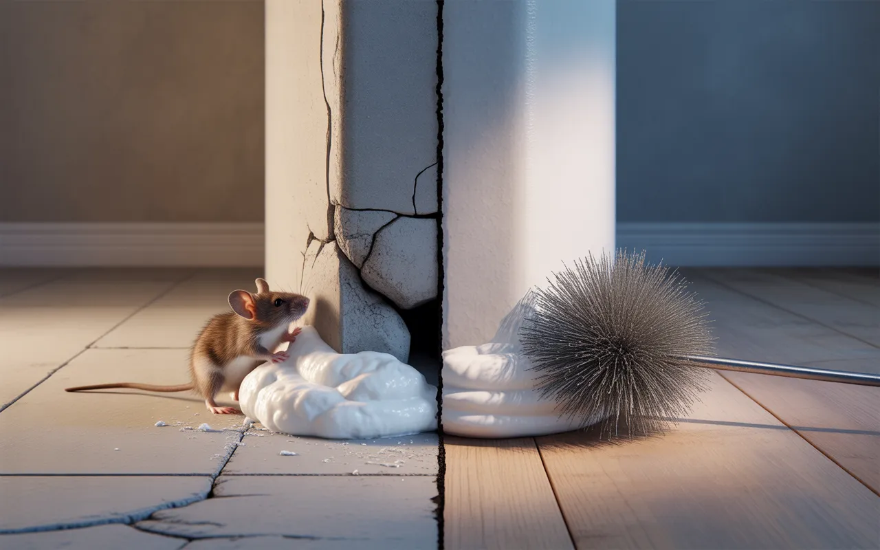 Les erreurs à éviter lors du rebouchage des fissures contre les rongeurs: diptyque au ras du sol le long d’une plinthe — gauche, mousse expansive mal posée avec interstices et museau de souris; droite, laine d’acier inox et cordon de mastic lissé, gants de travail visibles.