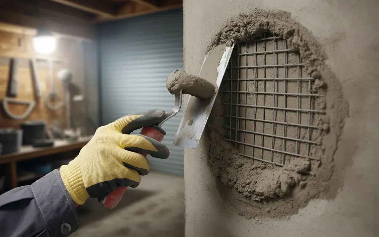 Reboucher un trou dans une cave ou un garage : prévention des intrusions; main gantée appliquant du mortier avec une truelle pour combler un trou au ras du sol dans un mur en béton, grille métallique anti-rongeurs partiellement insérée, outils flous en arrière-plan.