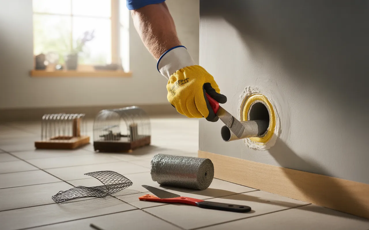 Rebouchage ou pièges : quelle méthode prioriser contre les rats ? Mains gantées comblant un trou en cuisine moderne autour d’un tuyau avec laine d’acier et mastic; grillage anti-rongeurs à côté, piège à ressort et piège-cage flous en arrière-plan.