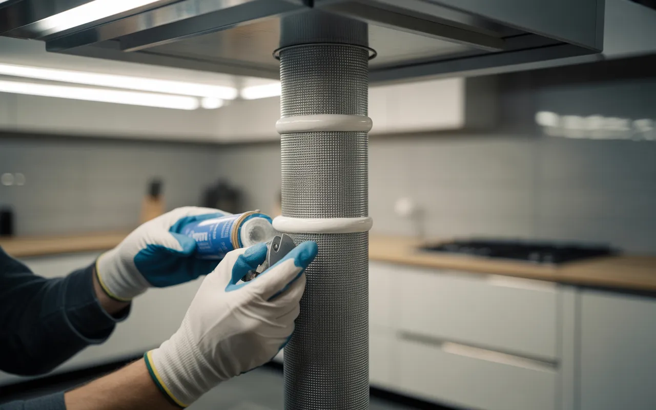 Étude de cas : comment un proofing bien fait évite une nouvelle infestation : gros plan de mains gantées appliquant du mastic silicone pour sceller une traversée de tuyau comblée de maille inox dans une cuisine moderne, prévention anti-nuisibles.