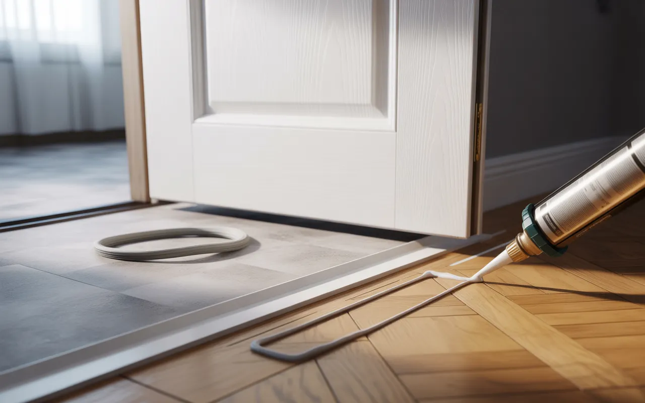 Étanchéité des portes et plinthes : les zones souvent oubliées, gros plan du bas d’une porte blanche avec jour visible, joint de bas de porte en caoutchouc partiellement posé et cordon de silicone le long de la jonction plinthe/sol sur parquet chêne clair.