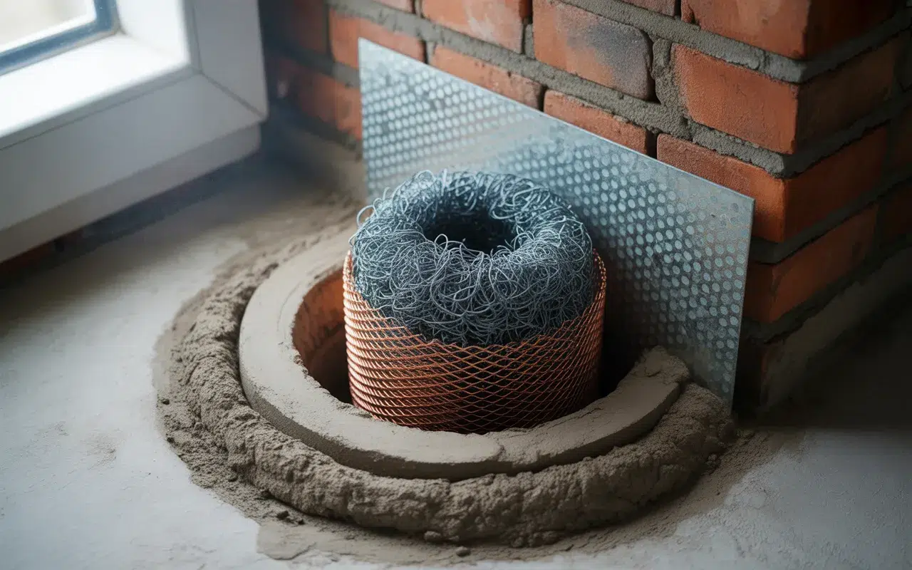 Quels matériaux utiliser pour bloquer l’entrée des rats et souris : trou au pied d’un mur de brique autour d’un tuyau, colmaté avec laine d’acier, maille en cuivre, grillage galvanisé et mortier.