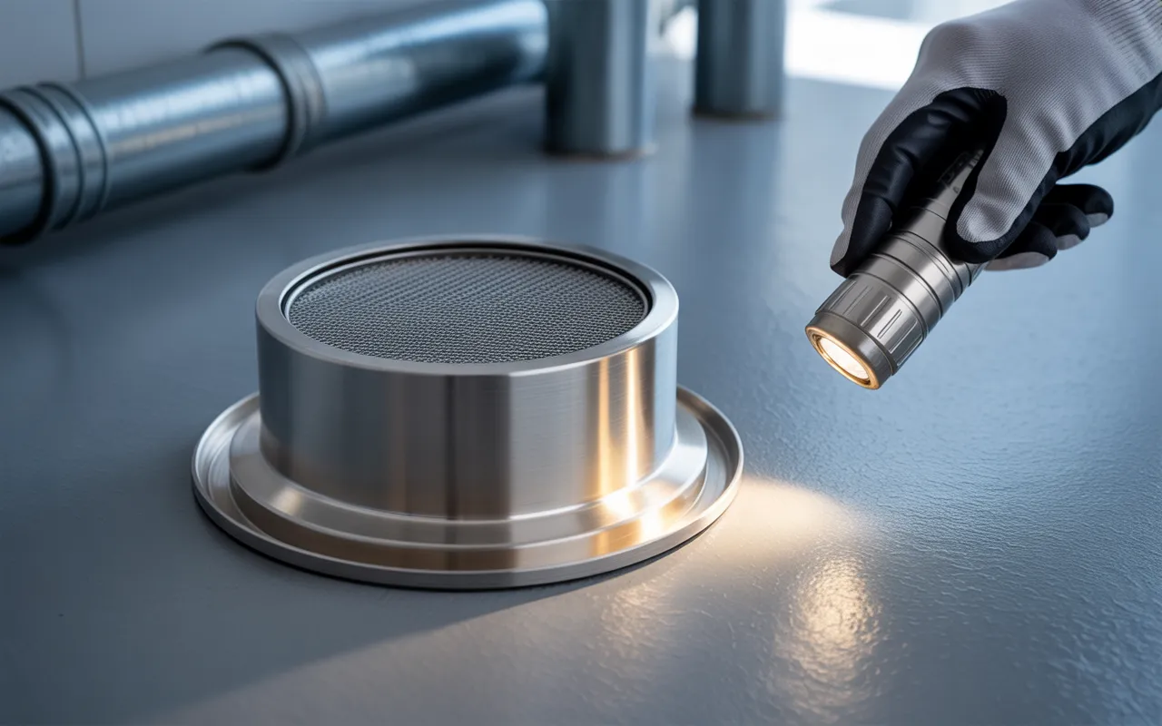 Gros plan d’une installation conforme — Les normes et obligations légales en matière d’étanchéité anti-rongeurs — grille/collier en acier inoxydable micro‑maillé, collerette vissée, joint de mastic lissé, main gantée inspectant la jonction à la lampe LED.