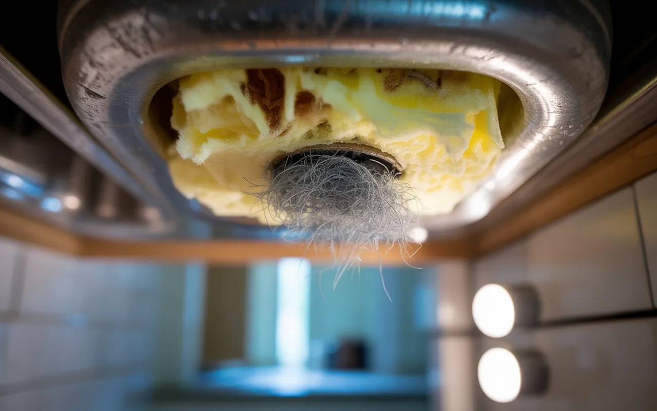 Les signes qui montrent qu’un rebouchage est à refaire: sous un évier, rebouchage anti-nuisibles fissuré autour d’un tuyau; mousse jaunie et craquelée, bourre d’acier qui dépasse, jour visible, traces de grignotage et micro-crottes.