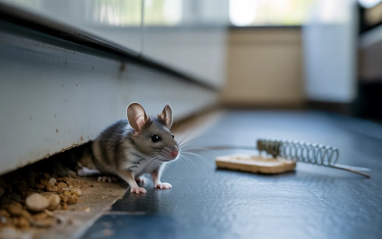 Pourquoi les rongeurs reviennent malgré un traitement ? Souris grise sortant d’une fissure le long d’une plinthe de cuisine, yeux et moustaches nets, miettes au sol, piège et boîtier d’appât flous en arrière-plan.