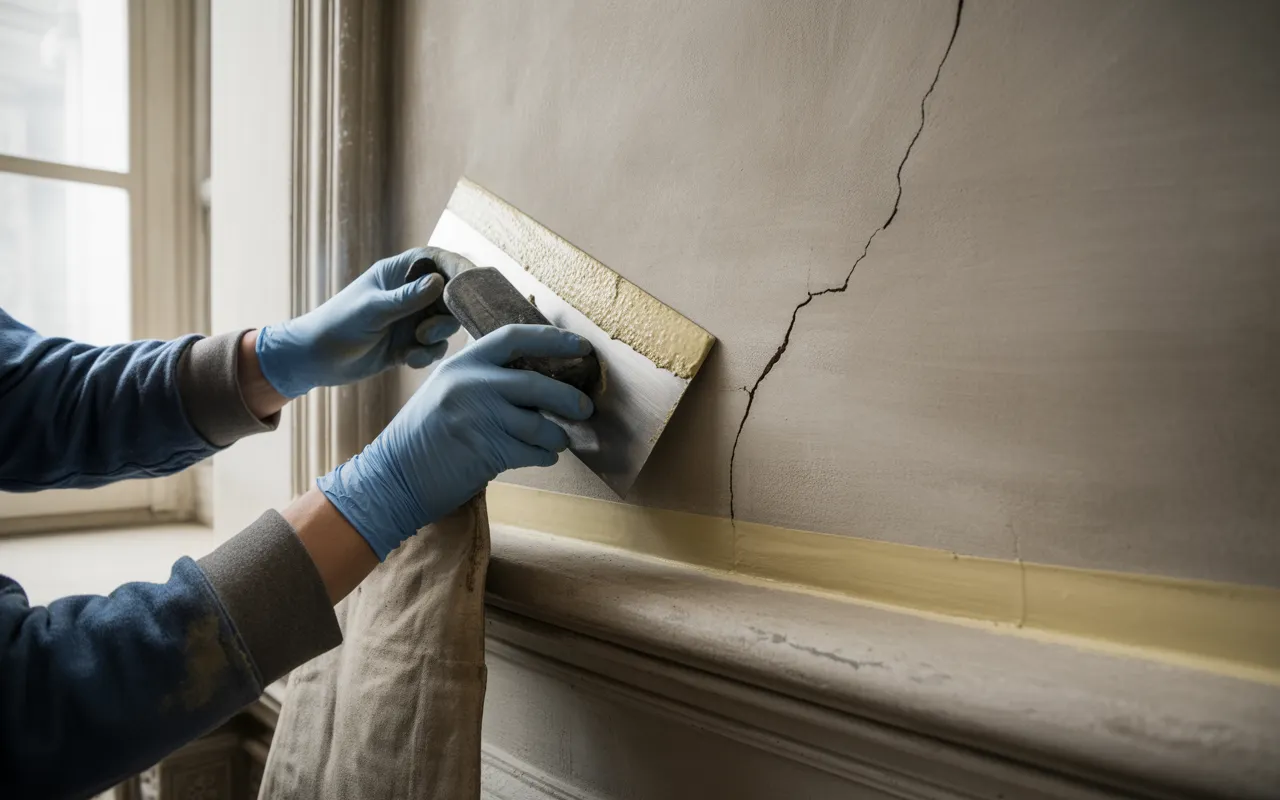 Rebouchage dans les immeubles anciens : cas particuliers et précautions – gros plan des mains d’un artisan en gants nitrile appliquant un mortier de chaux au platoir sur une fissure d’un mur haussmannien, masquage propre, lumière naturelle.