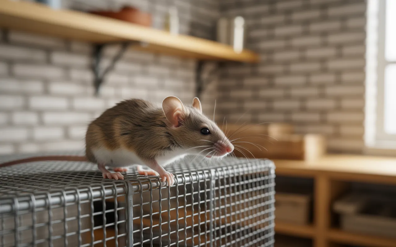 Pourquoi les grilles métalliques sont indispensables pour bloquer les souris: gros plan d’une petite souris brune stoppée net, museau contre une grille métallique tissée en acier inox à maillage fin, fond de cave propre flou.
