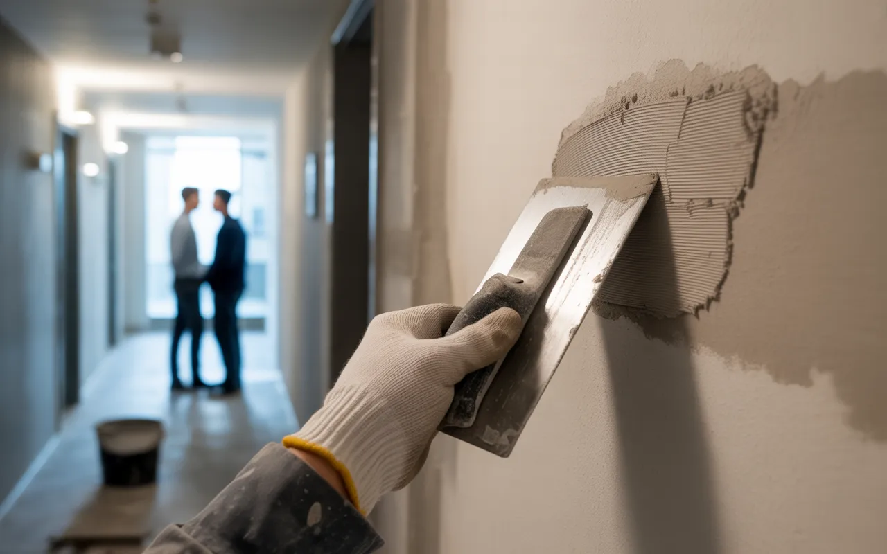 Rebouchage et copropriété : qui est responsable ? Main gantée rebouchant à la spatule un petit trou dans un mur de couloir d’immeuble; en arrière-plan flou, syndic et résident en discussion.