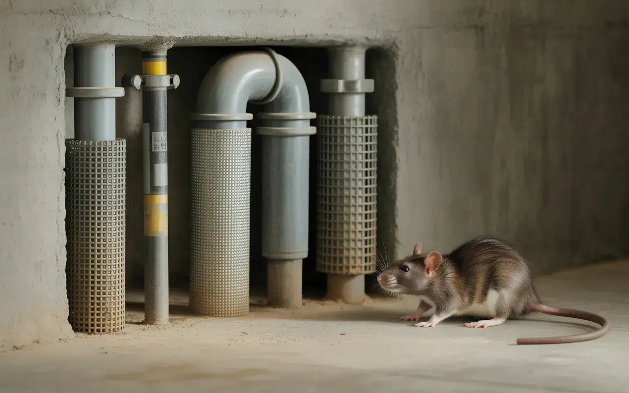 Comment protéger les gaines électriques et canalisations contre les rongeurs : mur de sous-sol, conduits et tuyau PVC protégés (tresse inox, gaine rigide, grille), rat flou en arrière-plan.