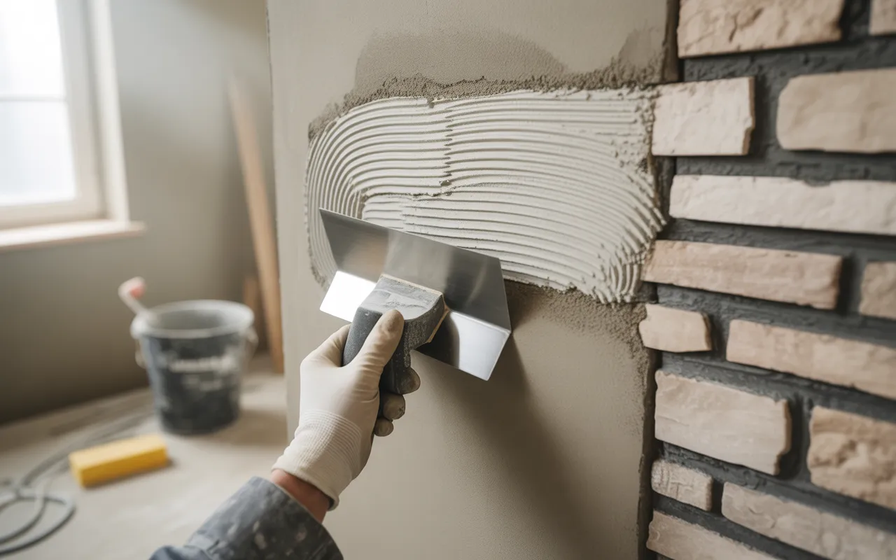 Reboucher les trous dans un mur en pierre ou en plâtre : les bonnes pratiques - gros plan d’une main gantée appliquant de l’enduit de rebouchage avec une spatule inox à 45° sur plâtre (trou moyen) et pierre (joint ébréché), focus net, lumière naturelle, fond d’atelier flou.