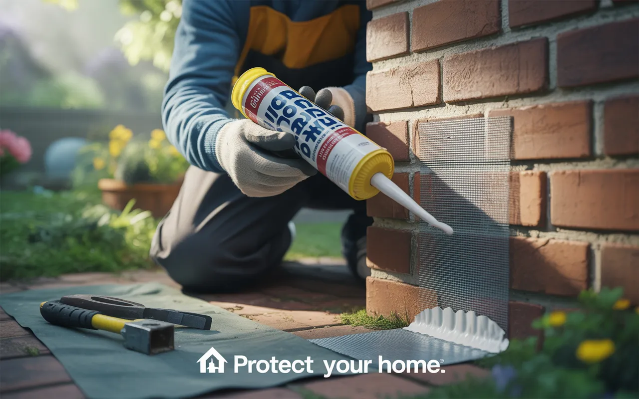 Reboucher les trous extérieurs pour éviter l’entrée par le jardin: gros plan d’un mur de maison, gants jaunes au pistolet à mastic autour d’un grillage galvanisé.