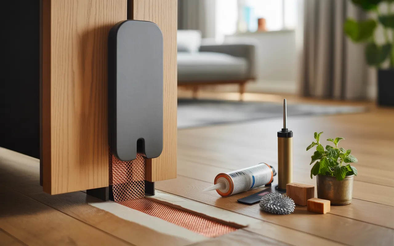 Les solutions écologiques pour bloquer l’accès aux souris: gros plan d’une entrée moderne montrant une fissure colmatée à la maille de cuivre, un brosse‑bas de porte noir mat et un joint propre; à côté, rouleau de cuivre, laine d’acier inox, pistolet à mastic, blocs de cèdre et pot de menthe poivrée, lumière naturelle douce.