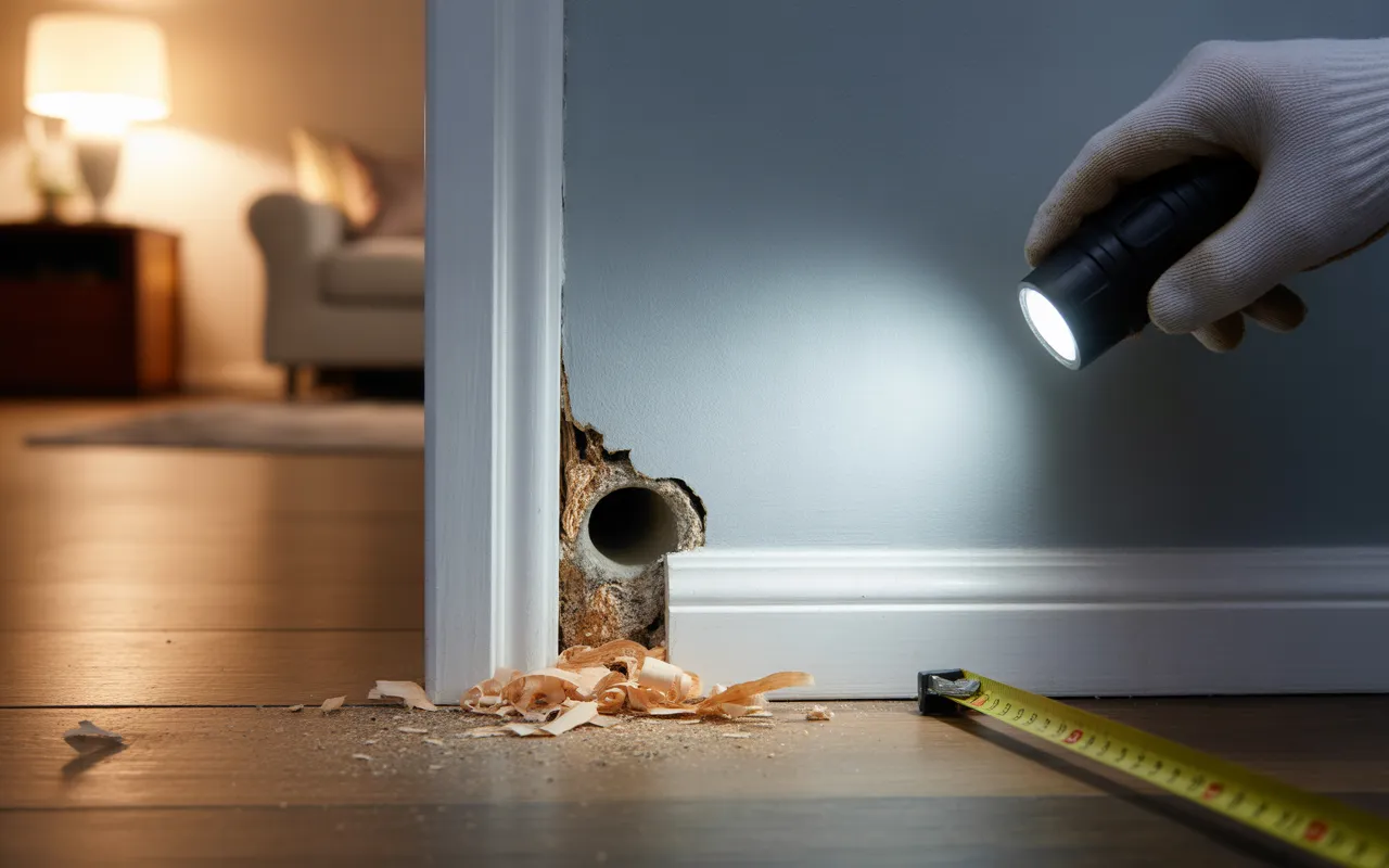 Comment détecter les points d’entrée des rongeurs dans une maison : plinthe intérieure avec trou rongé près d’un tuyau, crottes et copeaux, main gantée éclairant à la lampe torche.