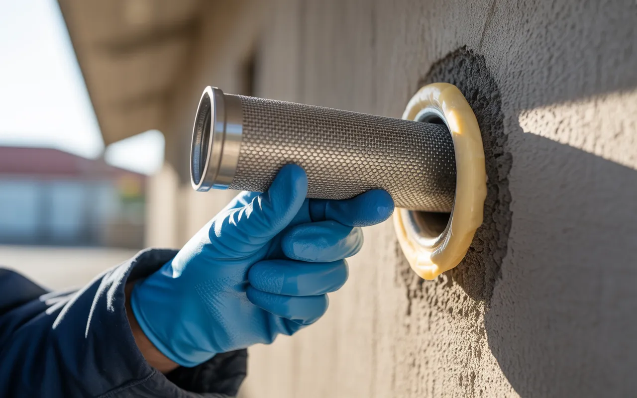 Le rôle du proofing dans la lutte anti-nuisible professionnelle: main gantée insérant maillage inox et cordon de mastic autour d’un passage de tuyau dans un mur de bâtiment commercial, obturation préventive des points d’entrée.