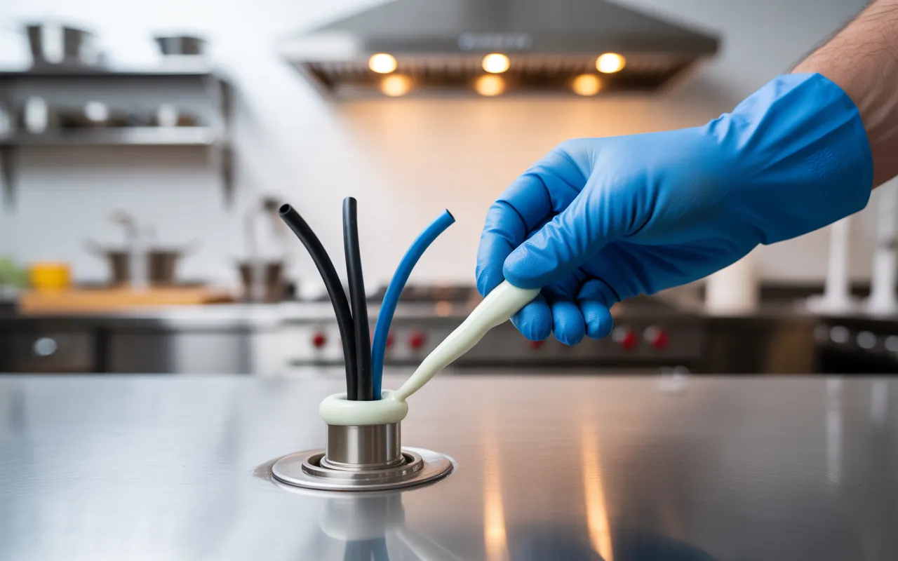 Reboucher les passages de câbles dans une cuisine professionnelle : gros plan d’une main gantée appliquant un cordon de silicone alimentaire translucide autour d’un presse-étoupe sur crédence inox, câbles noirs, joint lisse hygiénique.