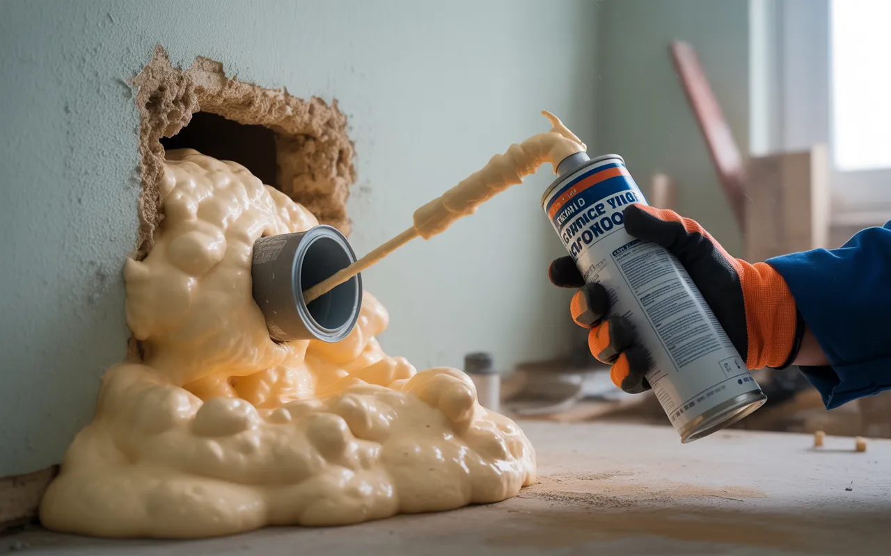 Les produits à éviter pour boucher les trous (mousses) : gros plan d’un mur en placo blanc cassé, trou moyen mal rebouché à la mousse polyuréthane débordante, bulles et coulures autour d’un câble ou tuyau PVC, main gantée, embout paille trop enfoncé.