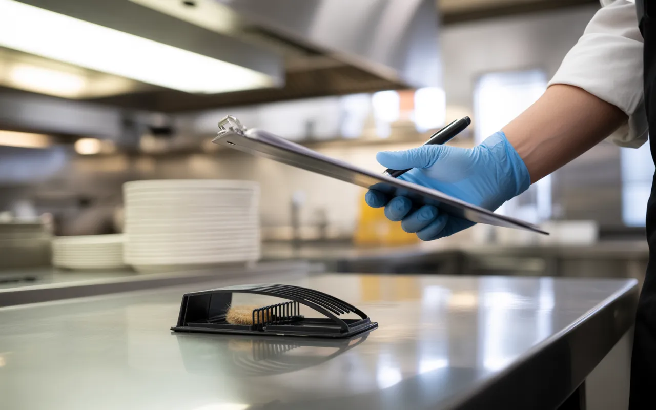 Main d’un inspecteur en gants nitrile bleus cochant une check-list sur un clipboard près d’une souricière professionnelle posée sur un plan de travail en inox dans une cuisine pro ultra-propre, illustrant la dératisation restaurant et le contrôle sanitaire rigoureux.