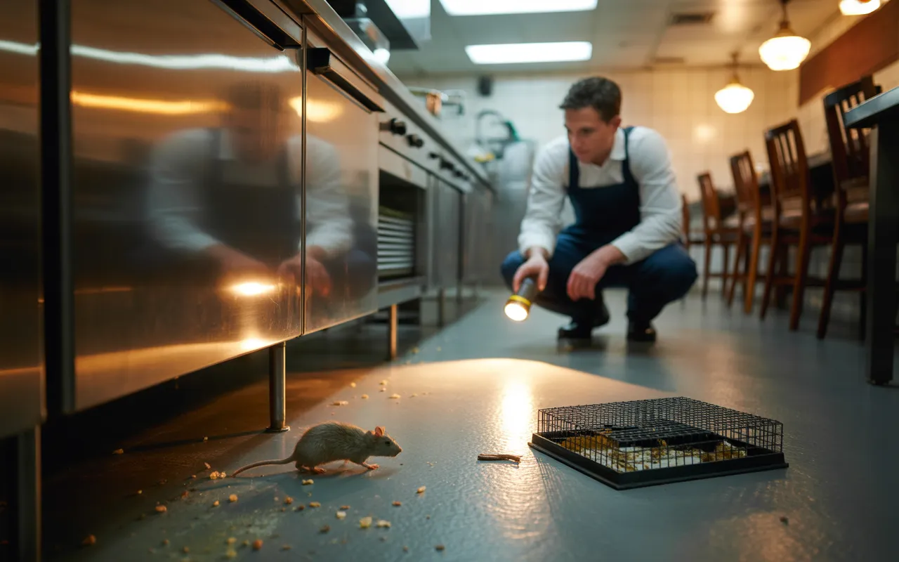 Cuisine professionnelle en inox vue en plongée, technicien de dératisation restaurant accroupi au sol inspectant un piège noir près de crottes de rongeurs, silhouette floue d’un rat s’enfuyant au fond, plan de travail avec ustensiles et légumes en arrière-plan, éclairage néon froid soulignant l’urgence sanitaire.