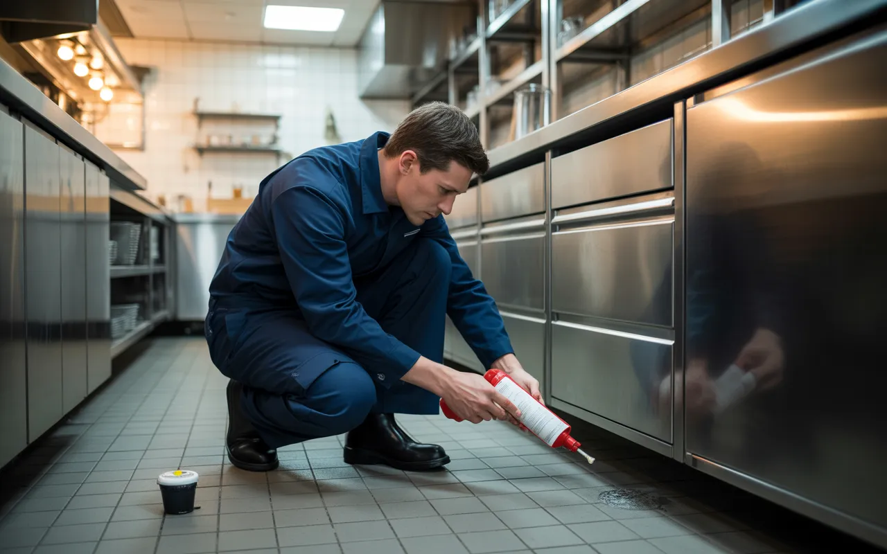 Technicien de dératisation restaurant posant un joint d’étanchéité au bas d’un mur inox dans une cuisine professionnelle moderne et immaculée.