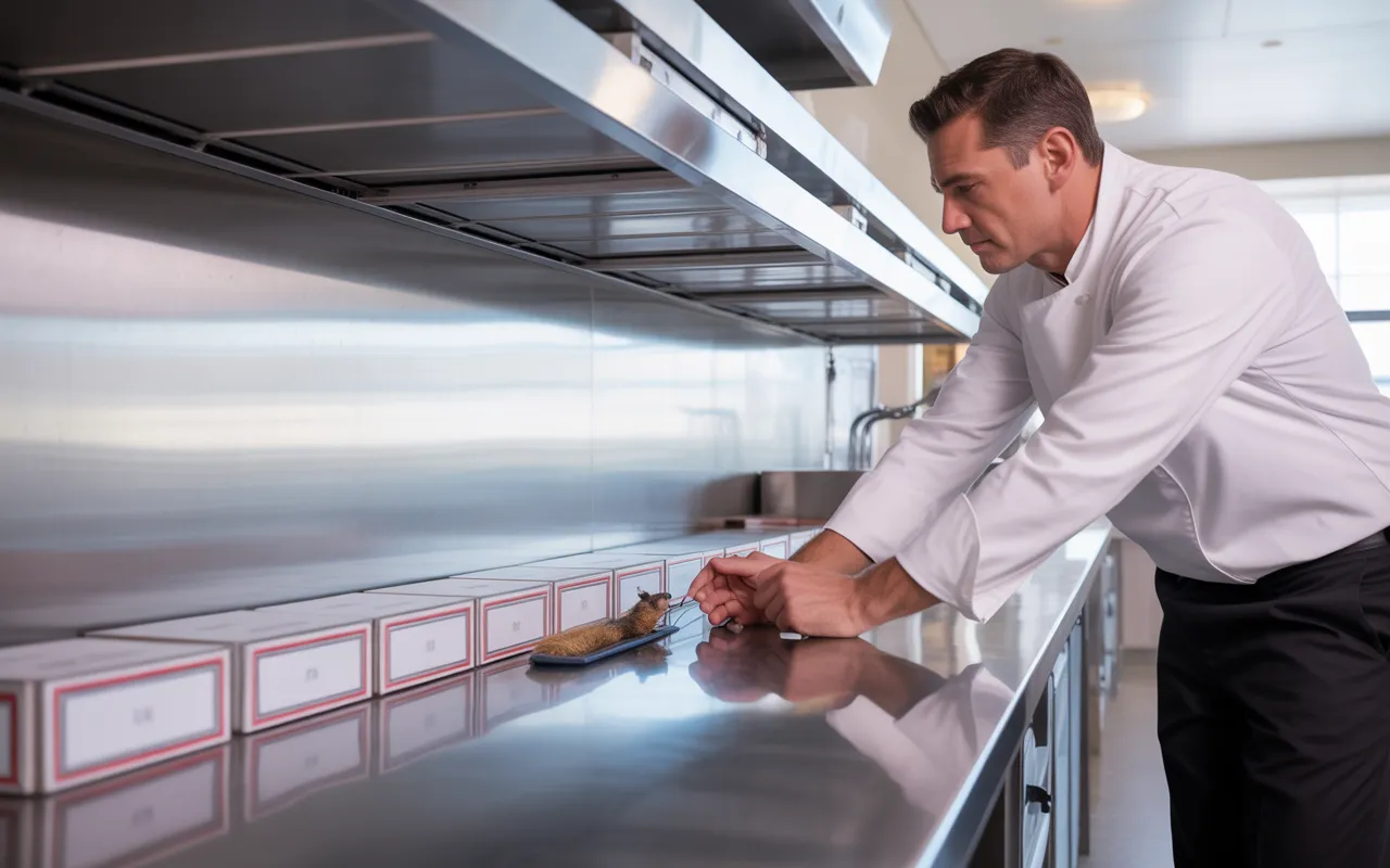 Cuisine professionnelle de restaurant immaculée, technicien de dératisation installant des boîtiers discrets au sol sous le regard du chef, bonnes pratiques de dératisation restaurant.