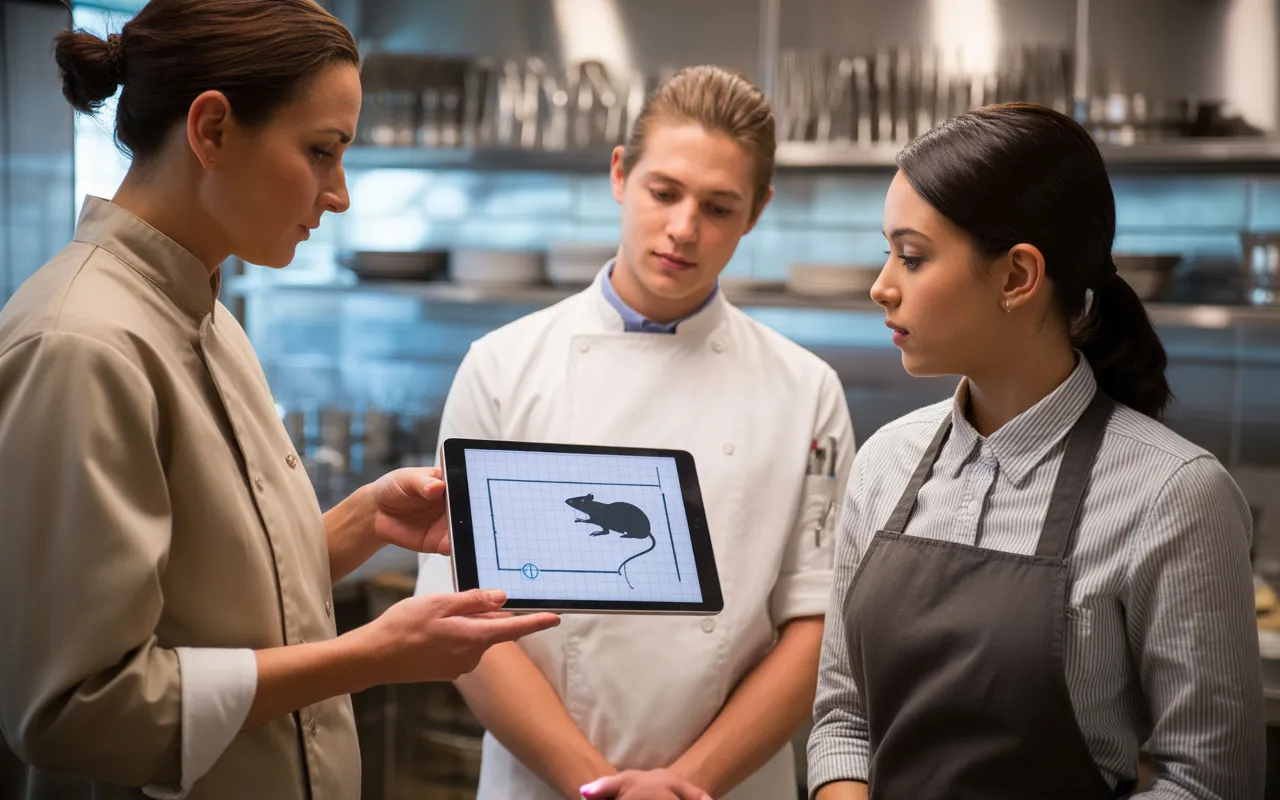Formateur en hygiène expliquant sur tablette un schéma de dératisation restaurant à un cuisinier et un serveur dans une cuisine professionnelle moderne, propre et inox, ambiance sérieuse de formation du personnel à la prévention des nuisibles.