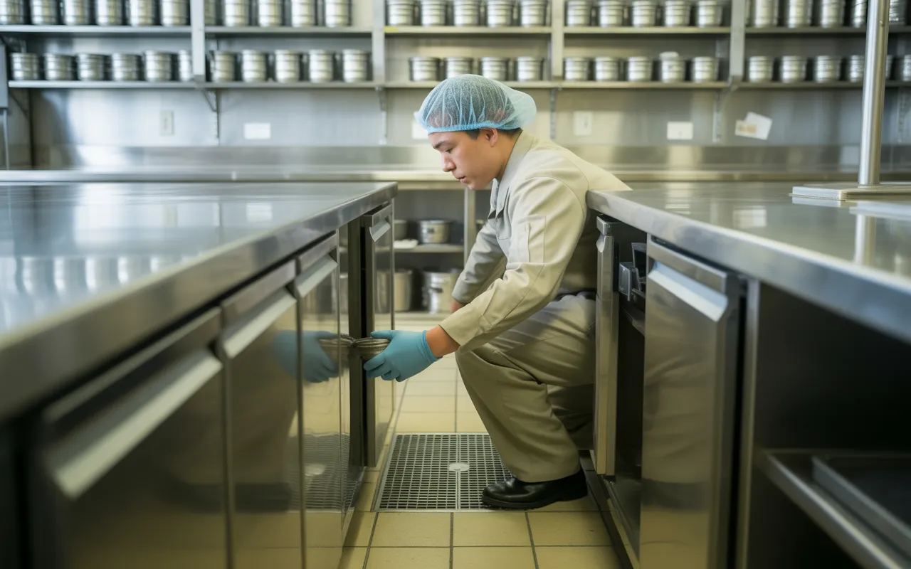 Cuisine professionnelle impeccable avec inspecteur d’hygiène examinant le bas d’un meuble inox pour détecter des rongeurs, illustrant les bonnes pratiques de dératisation restaurant.