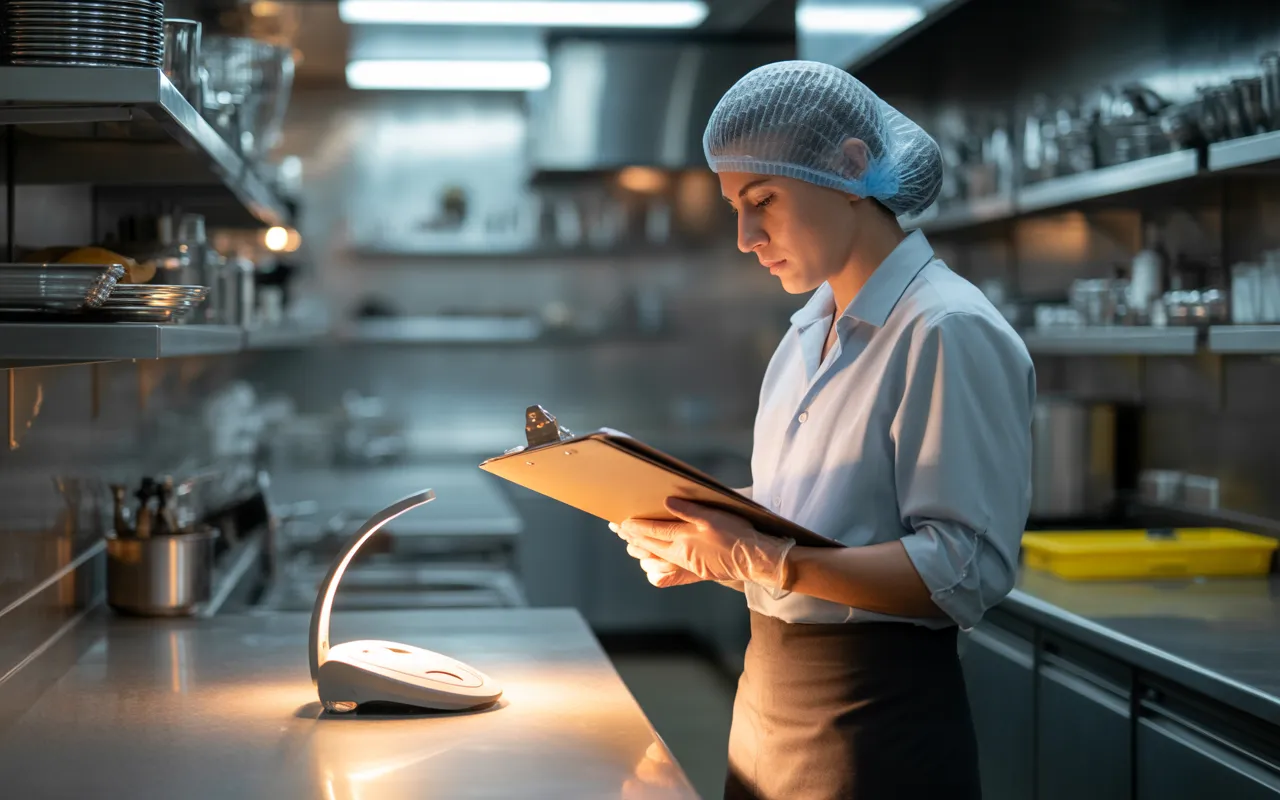 Inspecteur d’hygiène en blouse et charlotte contrôlant une cuisine professionnelle moderne avec un piège discret au sol, illustrant une dératisation restaurant conforme aux normes sanitaires.