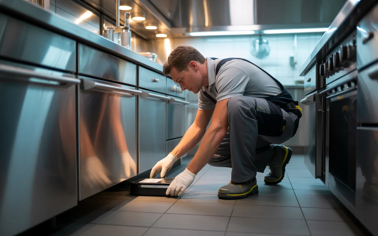 Technicien de dératisation restaurant plaçant un boîtier sécurisé sous un comptoir en inox dans une cuisine professionnelle immaculée, prévention des nuisibles et conformité aux normes sanitaires 2025.