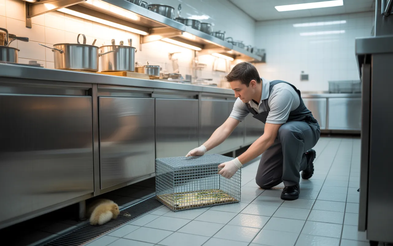 Scène photo-réaliste de dératisation restaurant : technicien professionnel agenouillé dans une cuisine inox immaculée plaçant une boîte d’appât sécurisée au sol, mains gantées nettes, arrière-plan de matériel de cuisine flou et hygiénique.