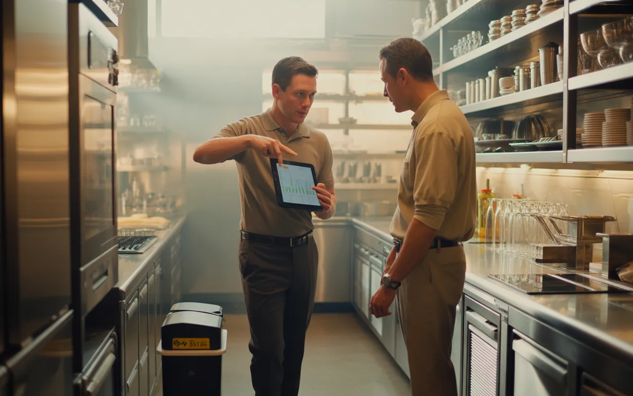 Scène de dératisation restaurant dans une cuisine professionnelle moderne et impeccable : un technicien échange avec le gérant devant une tablette, piège discret et fermé au sol.