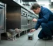 Scène de dératisation restaurant en urgence dans une cuisine professionnelle propre, rat gris au sol au premier plan et technicien en combinaison posant un piège discret.