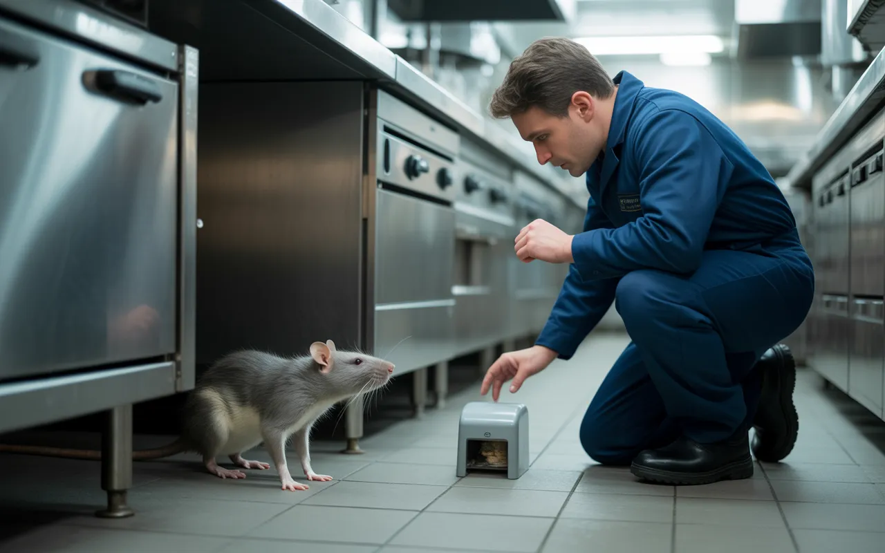 Scène de dératisation restaurant en urgence dans une cuisine professionnelle propre, rat gris au sol au premier plan et technicien en combinaison posant un piège discret.