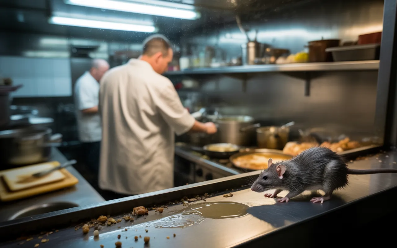 Rat gris réaliste se faufilant au ras du sol près d’une plinthe humide et de miettes dans une cuisine professionnelle en désordre, un cuisinier flou en arrière-plan ignorant le nuisible, illustrant un grave problème d’hygiène nécessitant une dératisation restaurant.