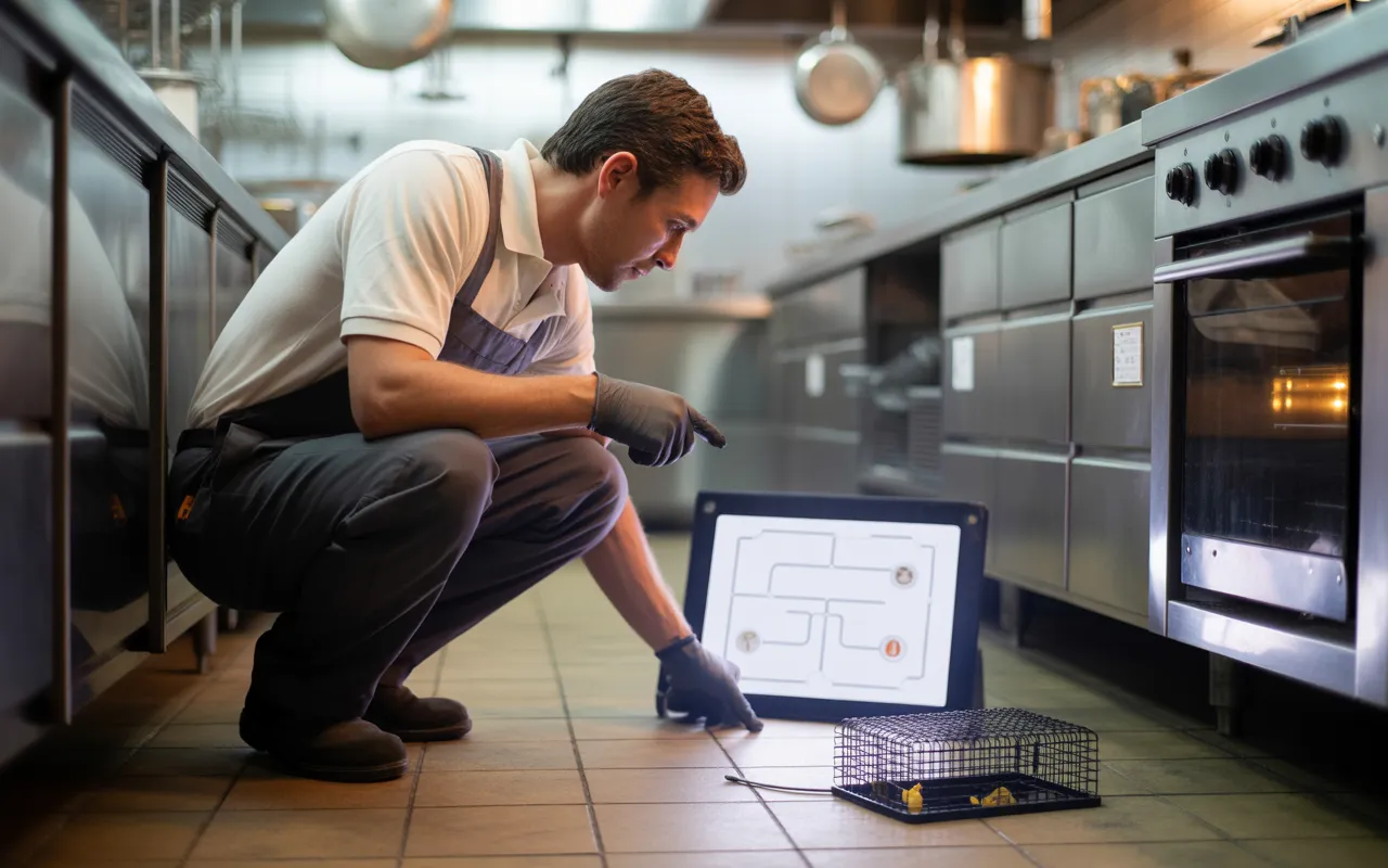 Technicien professionnel effectuant une dératisation restaurant dans une cuisine inox moderne et immaculée, inspectant un poste d’appâtage au sol avec une tablette de contrôle en main, arrière‑plan de matériel de cuisine légèrement flou.